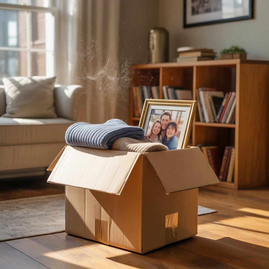 Stěhovací krabice v obývacím pokoji - vhodnost různých typů krabic pro balíní