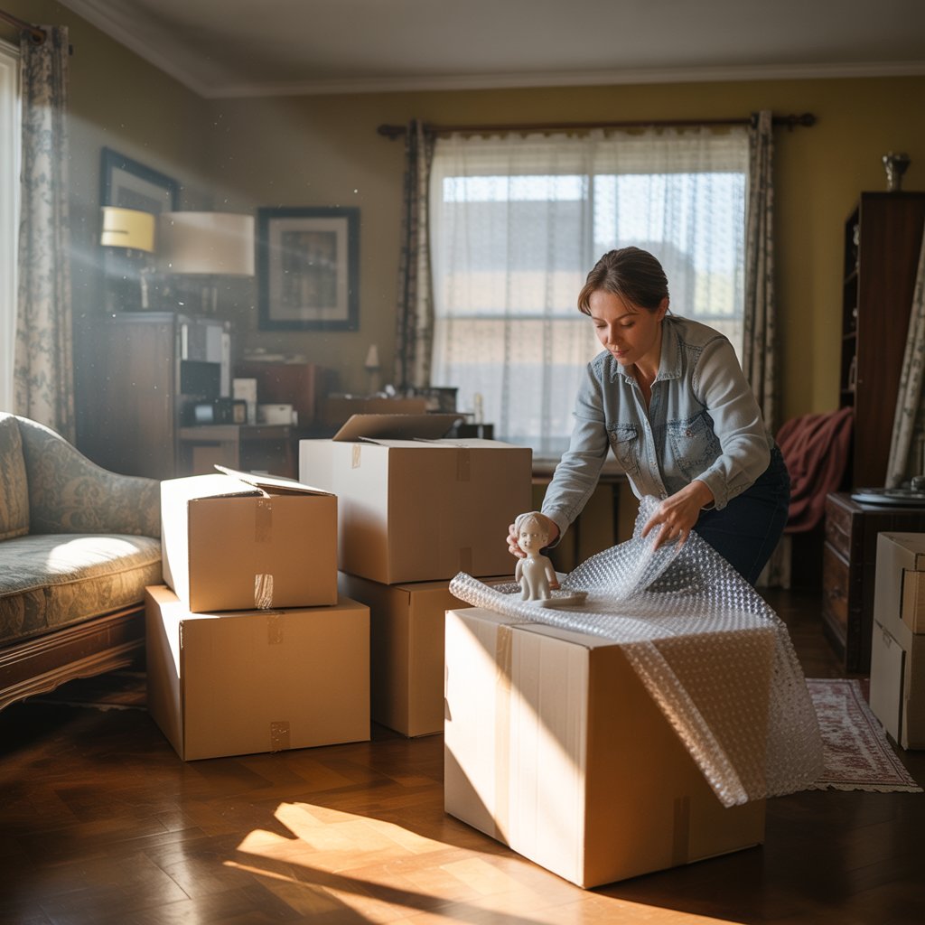 krabice-stehovani-zena-bali-sosku Žena balí sochu do stěhovací krabice - ochrana křehkých předmětů při stěhování