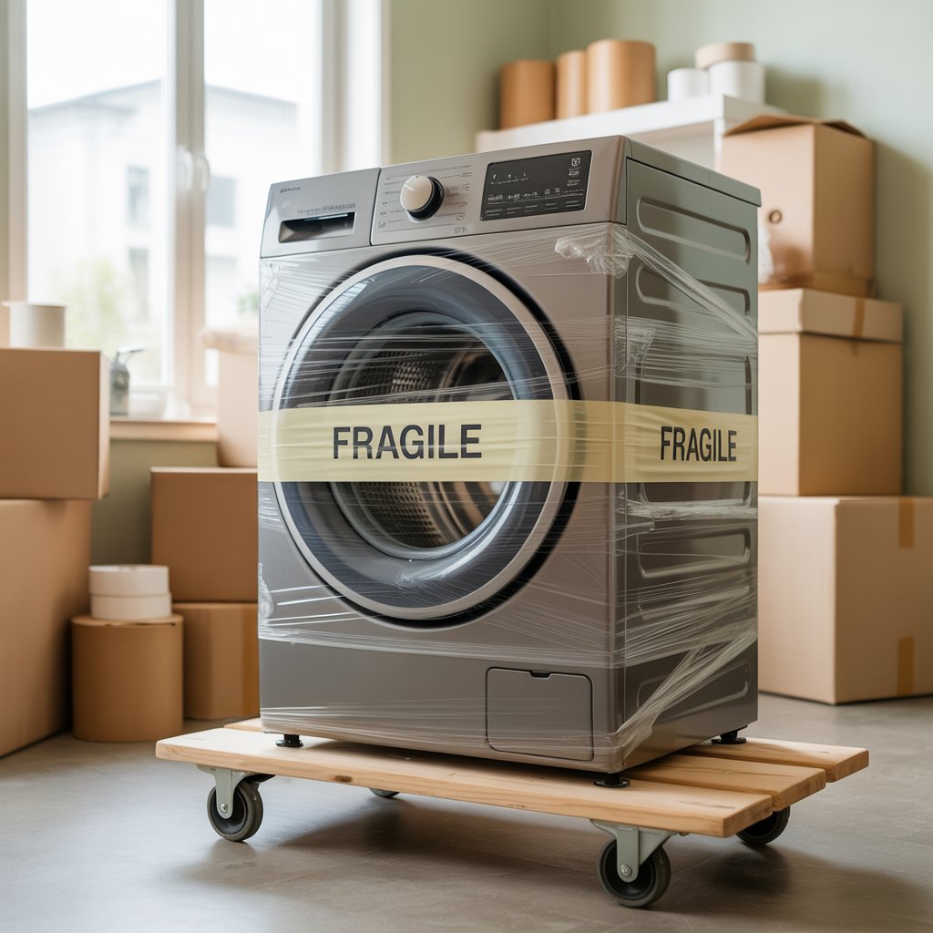 Zabalená pračka připravená na stěhování - ochrana spotřebiče při transportu